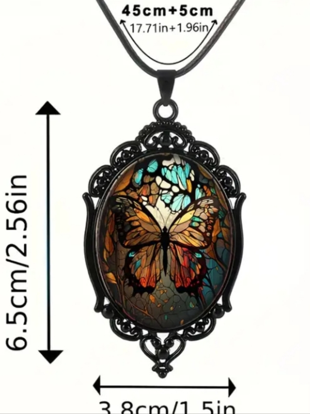 Vintage Butterfly Glass Pendant Necklace in Black - Picture 4 of 4